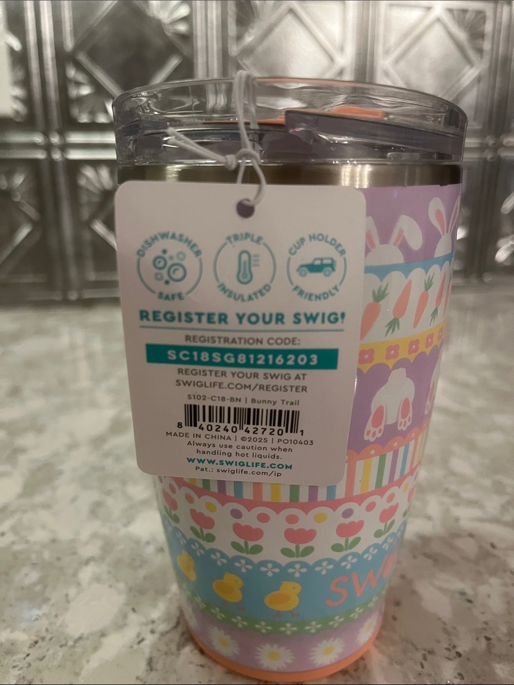 Swig Life Pastel Easter Pattern Insulated Travel Mug - Peach Handle - Picture 3 of 5